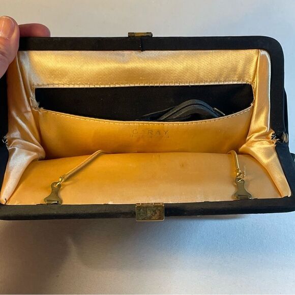 Vintage Garay black snap jaw clamshell evening bag gold hardware & change purse - Picture 6 of 10